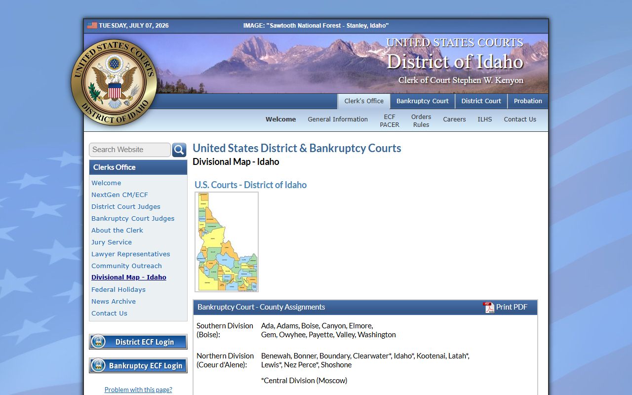 Latah County Clerk of the District Court with federal District of Idaho divisional map context