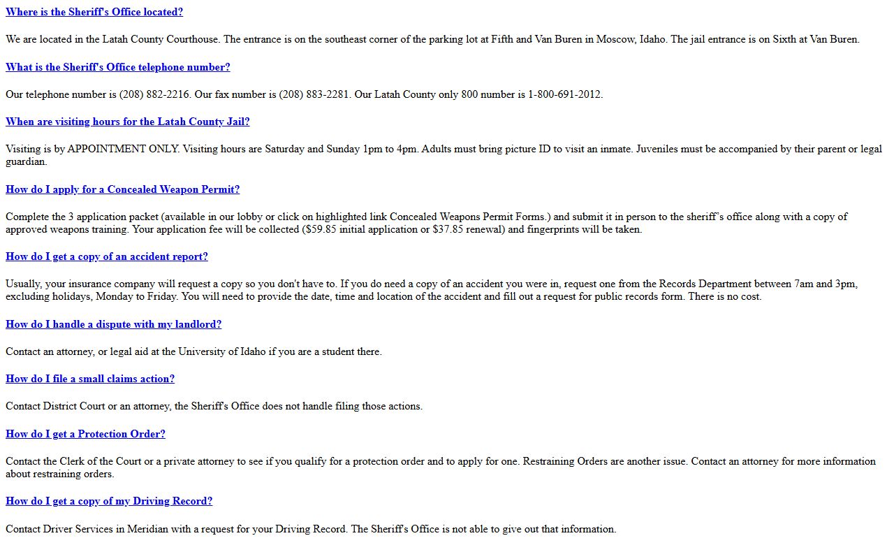 Latah County court records sheriff FAQ page with office entrance and routing information