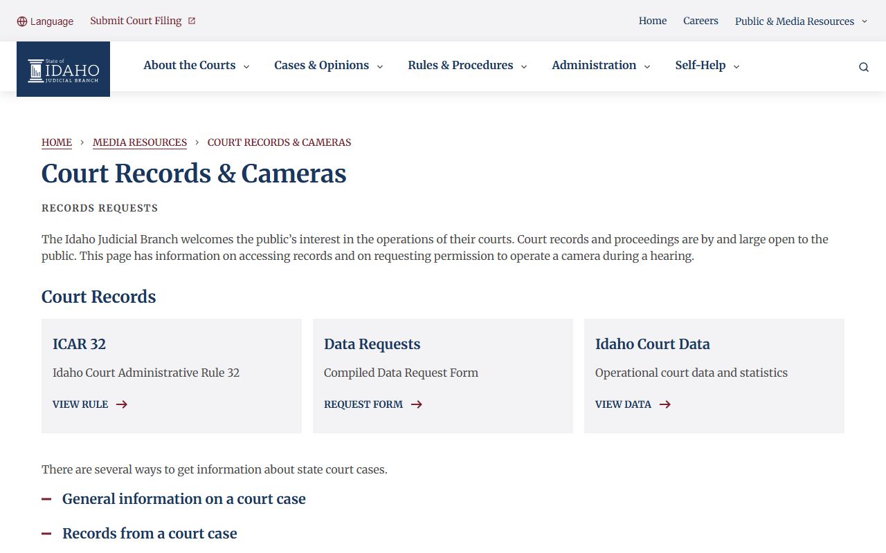 Latah County criminal court records access through Idaho Court Records and Cameras page