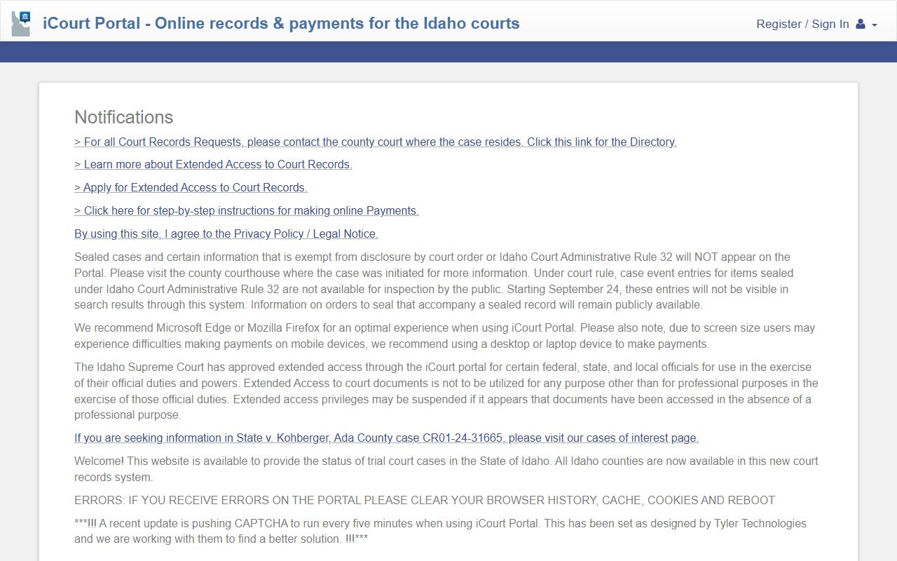 Latah County criminal court records search through Idaho iCourt Portal