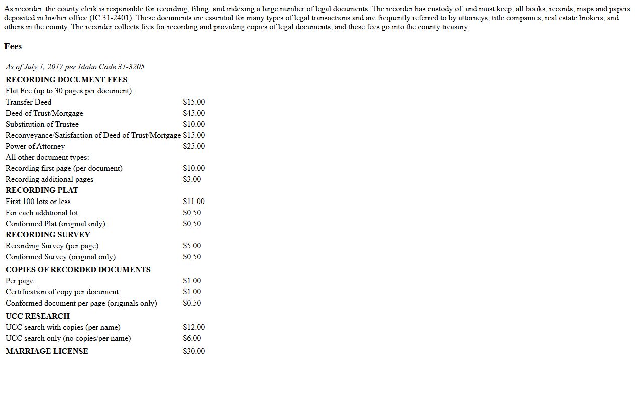 Latah County court records recorder fee information