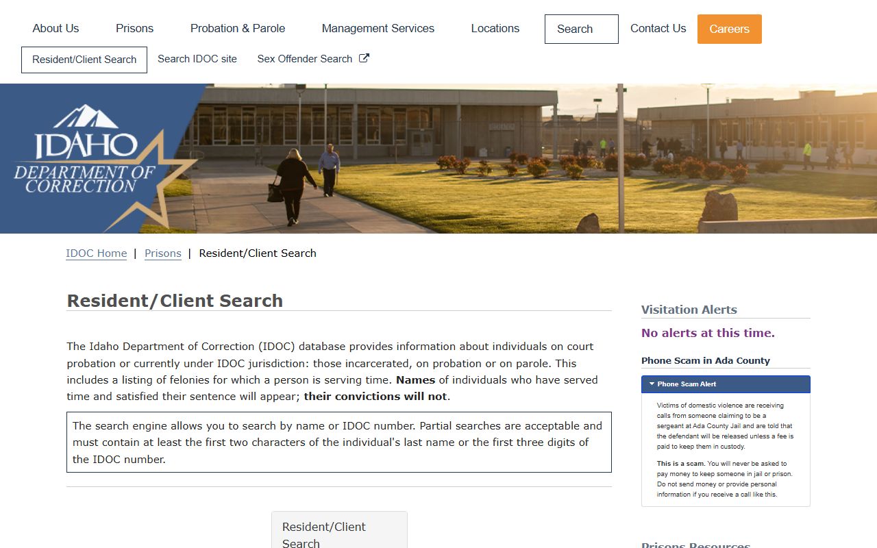 Latah County inmate search Idaho Department of Correction resident client lookup