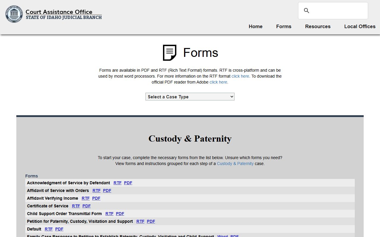 Latah County traffic court records Idaho Court Assistance forms